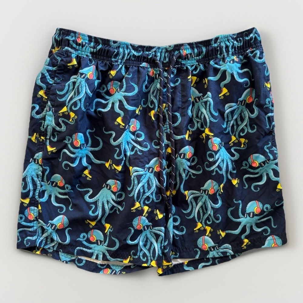 No Boundaries Swim Trunks Mens Large Navy Octopus Roller Skating Beach Shorts